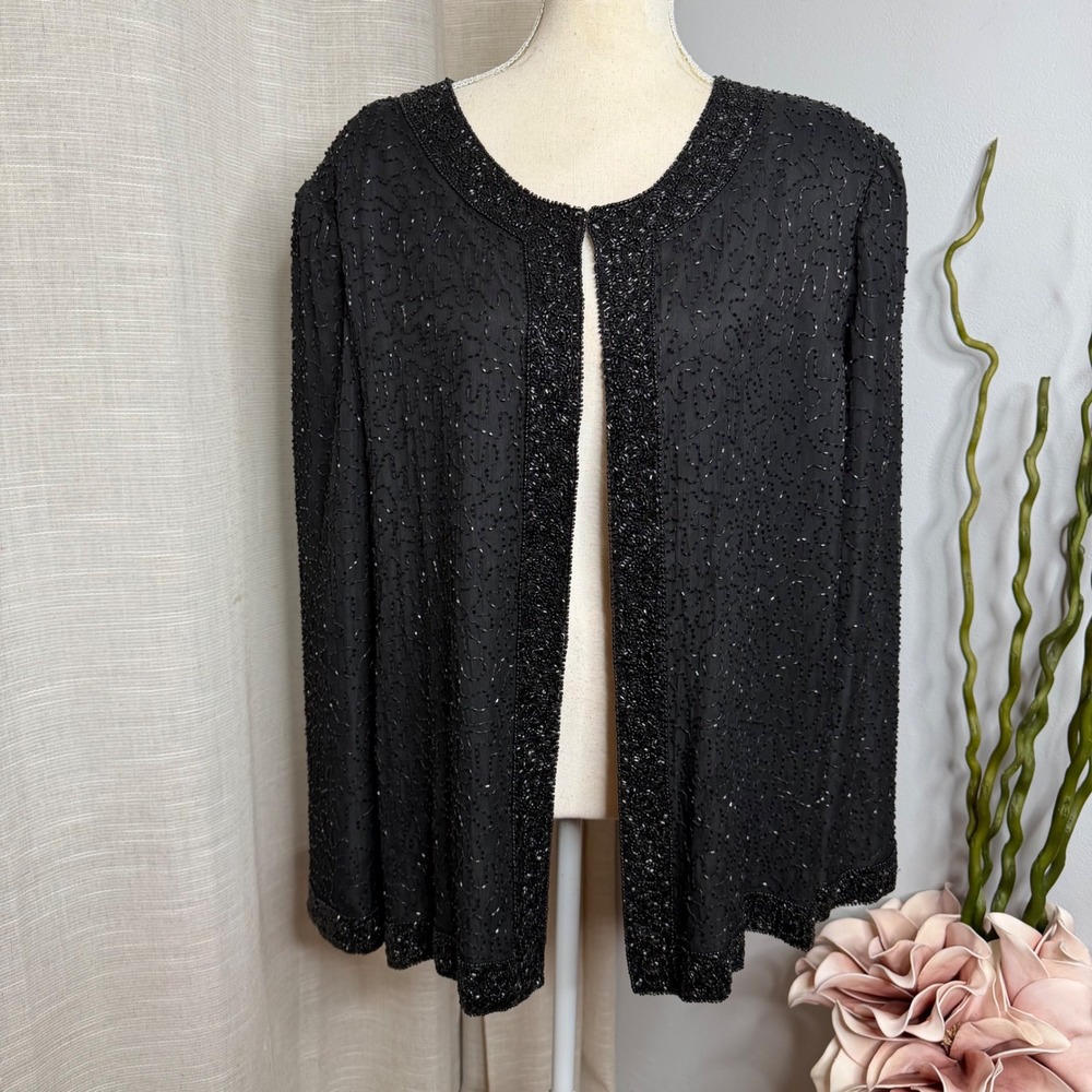 Laurence Kazar 100% Silk Evening Glass Beaded Swirl Jacket Women's Size 2X Black